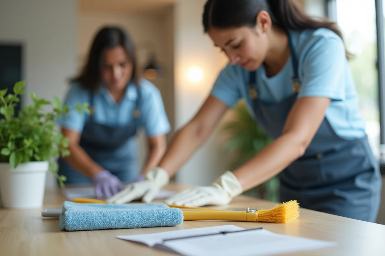 Lista de tareas por ambiente y herramientas de limpieza sobre una mesa